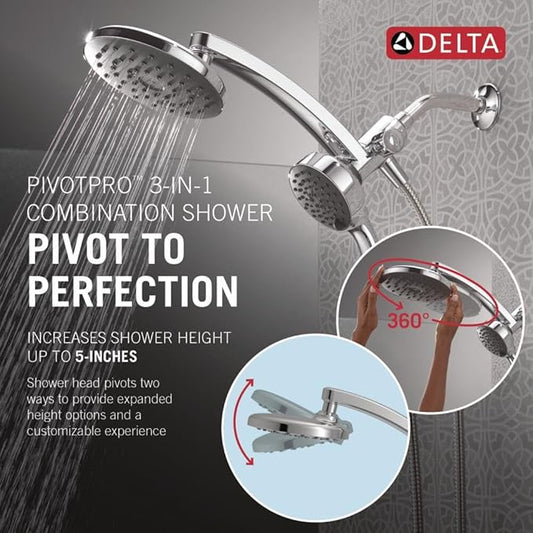 Delta 6-Setting PivotPro 3-in-1 Combination Shower Head with ProClean Spray, Chrome Round Shower Head Rainfall with Handheld Spray, 1.75 GPM, Chrome 75648