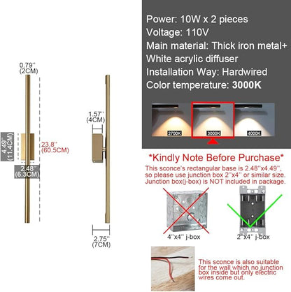 Only Suitable for Small Junction Box Set of 2 Hardwired Narrow Gold Wall Sconces Modern Picture Lights Linear Mirror Vanity Wall Lights for Bathroom Bedroom Corridor (2 Pack, 24'', Gold, Dimmable)