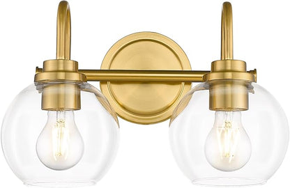Bathroom Light Fixtures, 2-Light Brushed Gold Vanity Lights with Globe Clear Glass, Champagne Bronze Vanity Lighting Fixtures Over Mirror, AD-22280-2W-GD