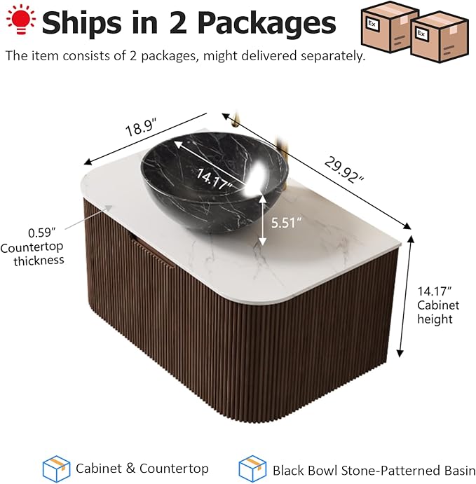 30 inch Floating Bathroom Vanity with Sink, Natural Solid Wood Modern Bathroom Vanities with Bowl Shape Ceramic Basin and Marble Top, Soft-Close Drawer, Pre-Assembled Cabinet, Dark Walnut