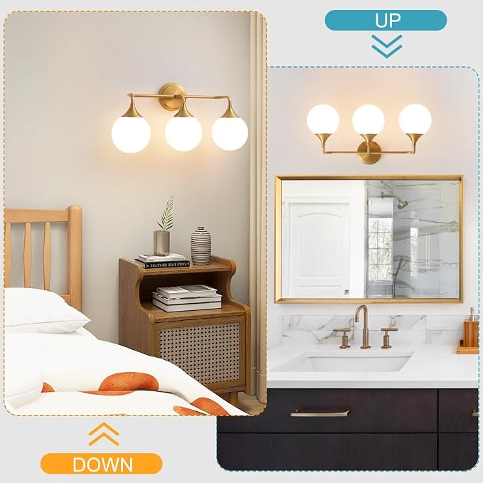 Brushed Gold Bathroom Light Fixtures Over Mirror Vanity 3-Light | Mid Century Modern Brushed Gold Wall Sconce with Milky White Glass Ball Shades for for Bathroom Dressing Table Bedroom