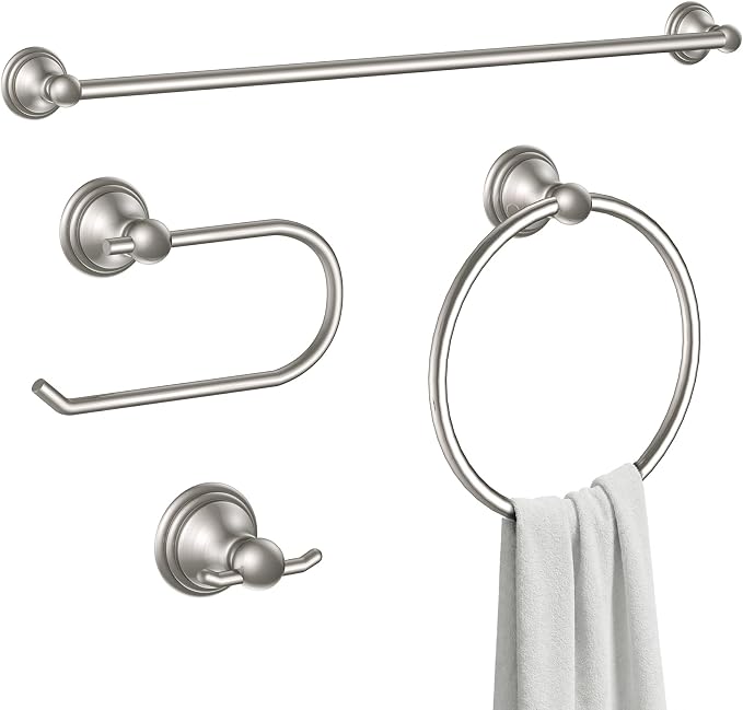 Formosa Design Hardware Classic 4-Piece Bathroom Accessories Set, 24-inch Towel Bar, Toilet Paper Holder, Towel Ring, and Robe Hook, Durable Zinc Alloy & Stainless Steel, (Brushed Nickel Finish)