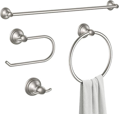 Formosa Design Hardware Classic 4-Piece Bathroom Accessories Set, 24-inch Towel Bar, Toilet Paper Holder, Towel Ring, and Robe Hook, Durable Zinc Alloy & Stainless Steel, (Brushed Nickel Finish)