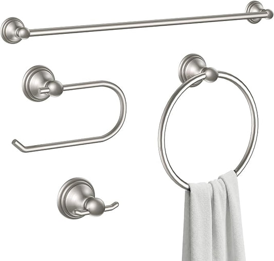 Formosa Design Hardware Classic 4-Piece Bathroom Accessories Set, 24-inch Towel Bar, Toilet Paper Holder, Towel Ring, and Robe Hook, Durable Zinc Alloy & Stainless Steel, (Brushed Nickel Finish)