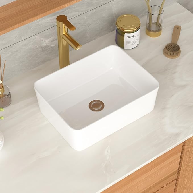 White Bathroom Vessel Sink Ceramic Vanity Art Basin Above Counter | 16x12 Inch Rectangular Bathroom Sink Porcelain Vessel Vanity Sink
