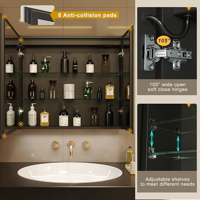 30x28 Inch Two Doors Aluminum LED Bathroom Medicine Cabinet with Mirror | Light Adjustment, Anti-Fog, Sockets&USBs, High Capacity, Easy to Install
