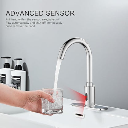 Automatic Touchless Bathroom Sink Faucet Motion Sensor Commercial Kitchen Hands Free Faucet with Hole Cover Plate,AC/DC Powered, Public Sink Faucet,Chrome (Chrome High)