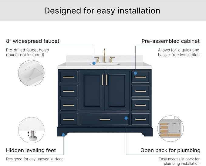 Langford 48-inch Midnight Blue Bathroom Vanity with Center Rectangle Single Sink, Carrara White Quartz Countertop & Backsplash, Solid Wood Frame, Soft-Closing & Dovetail Drawers