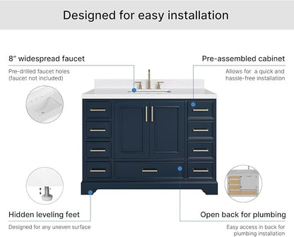 Langford 48-inch Midnight Blue Bathroom Vanity with Center Rectangle Single Sink, Carrara White Quartz Countertop & Backsplash, Solid Wood Frame, Soft-Closing & Dovetail Drawers