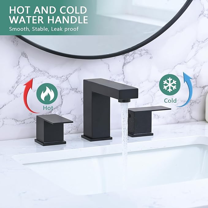 Bathroom Faucet 3 Hole, 8 Inch Widespread Bathroom Sink Faucets, 2 Handle Bathroom Faucets for Sink, Modern Rv Lavatory Vanity Faucet with Pop Up Drain and Supply Hoses, Matte Black