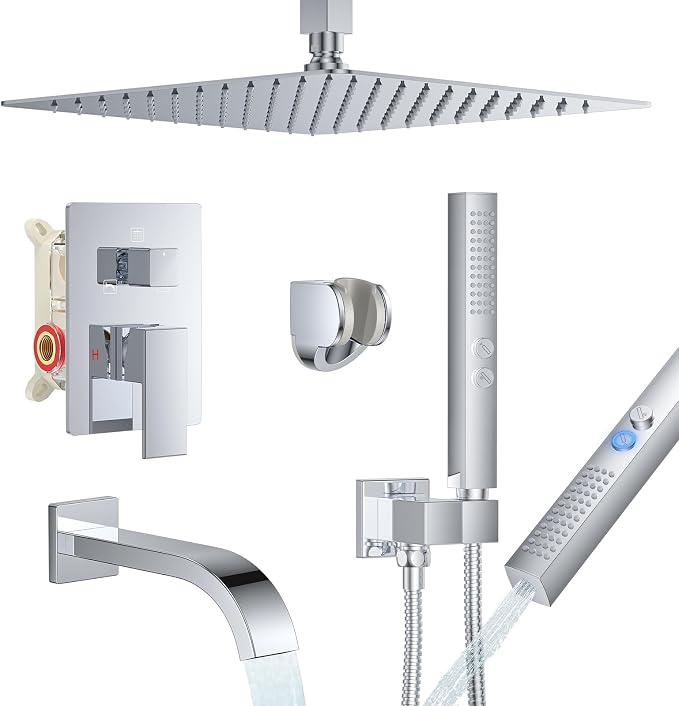 Chrome Shower System with Tub Spout, Ceiling Mounted Bathtub Shower Faucet Set, 12" Rainfall Shower Head and Handheld Shower Combo, High Pressure Shower Fixtures Set with Rough-in Valve