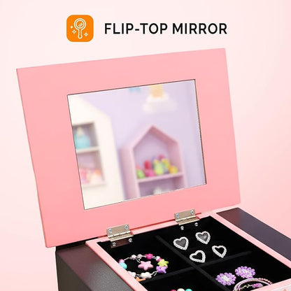 JOYMOR Kids Jewelry Armoire Cabinet with Top Flip Mirror and Storage Organizer, Standing Jewelry Cabinet with 5 Drawers, Freestanding Jewelry Storage for Girls