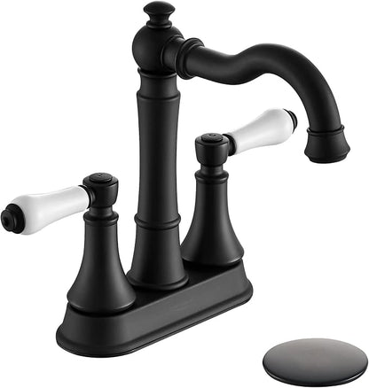 Porcelain 2-Handle Matte Black Bathroom Faucet 4 Inch Centerset | with Plastic Pop-up Drain, Classical Black Bath Lavatory Vanity Faucets for 2/3 Hole Sinks, High Arc 360° Swivel Brass Spout