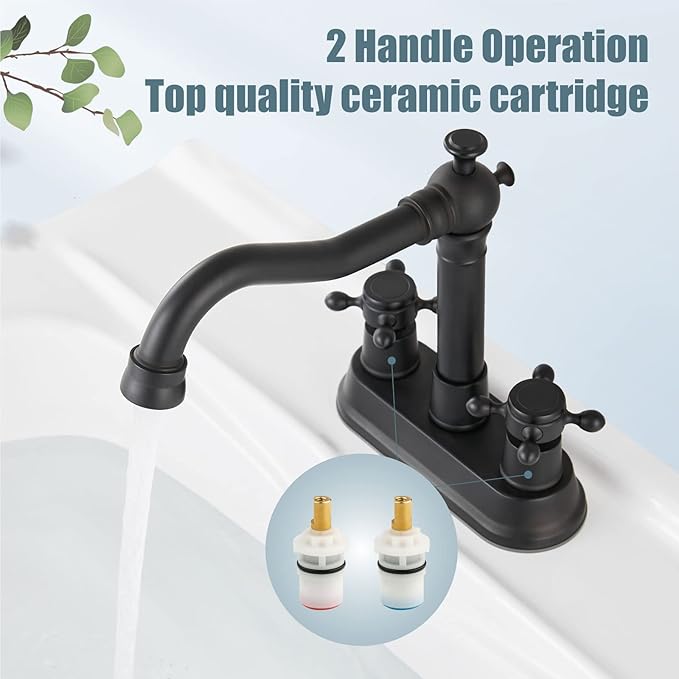 Aolemi 4 Inch Centerset Bathroom Sink Faucet Vintage 2 Cross Handle RV Mixer Tap Basin Vanity Lavatory Utility for Sink 3 Hole Include Hoses Pop Up Drain Faucet Handle Without Label Matte Black