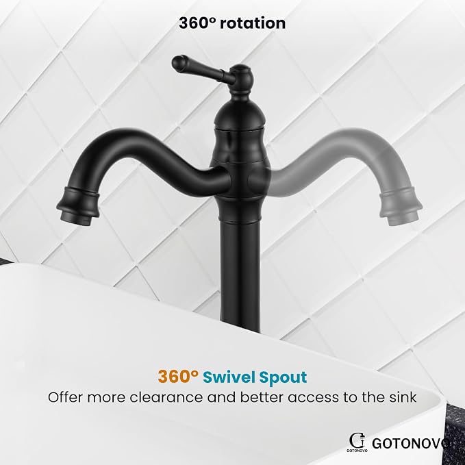gotonovo Vintage Bathroom Vessel Sink Faucet, Matte Black, with Drain | Tall Bathroom Faucet 1 Hole Single Handle, 360° Swivel Spout, cUPC Water Lines, Lead-Free, for Farmhouse Vanity Washbasin RV