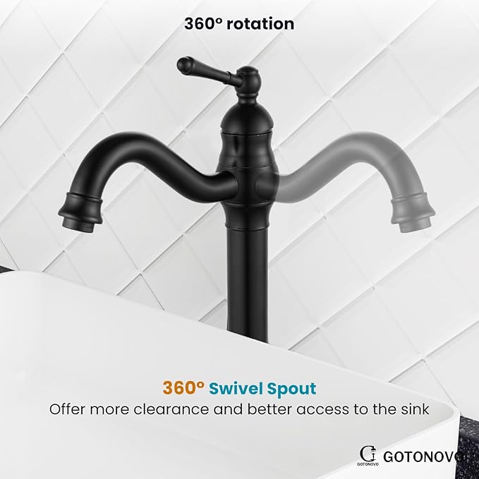 gotonovo Vessel Sink Faucet 360° Swivel Spout Single Handle Tall Bathroom Faucet 1 Hole Farmhouse Lavatory Washbasin Mixer Tap Matching Supply Hoses, with Pop Up Drain, Matte Black
