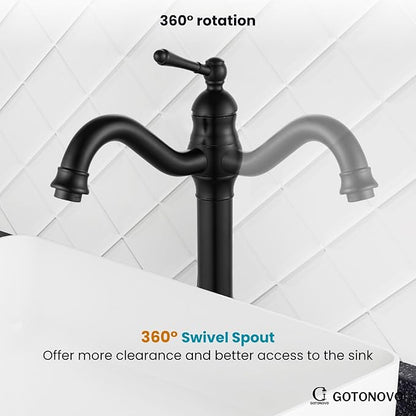 gotonovo Vessel Sink Faucet 360° Swivel Spout Single Handle Tall Bathroom Faucet 1 Hole Farmhouse Lavatory Washbasin Mixer Tap Matching Supply Hoses, with Pop Up Drain, Matte Black