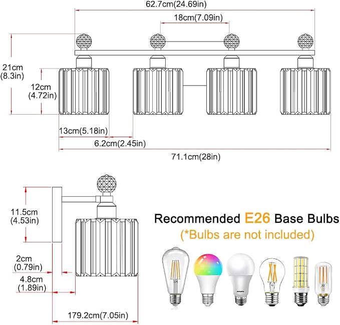 Modern Crystal Bathroom Vanity Light 4-Lights Chrome Vanity Lights for Bath | Crystal Bathroom Wall Fixture over Mirror, Wall Sconces Lighting with Clear Glass Shade for Bedroom,up and down installation