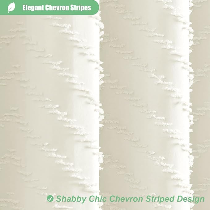 Dynamene Stall Fabric Shower Curtain, 60x72 inch Narrow Boho Tufted Chevron Striped Cloth Bathroom Shower Curtain, Weighted Neutral Waterproof Shower Curtain Set with 10 Hooks, Wrinkle Free, Cream