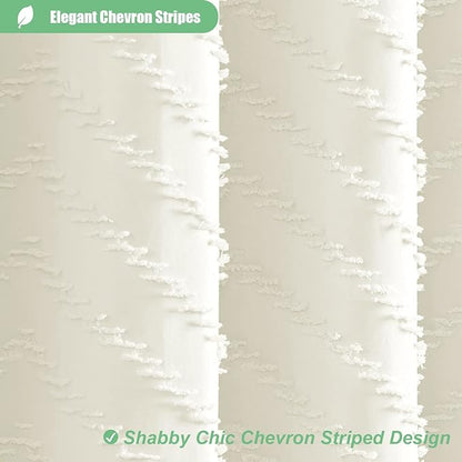 Long Boho Farmhouse Shower Curtain Tufted Chevron 72"x78" Cream | 78 Inch Tall, Elegant Tassel, Lightweight Textured Fabric, Water Repellent, Washable, Hotel Spa, for Bathroom/Dorm 12 Hooks