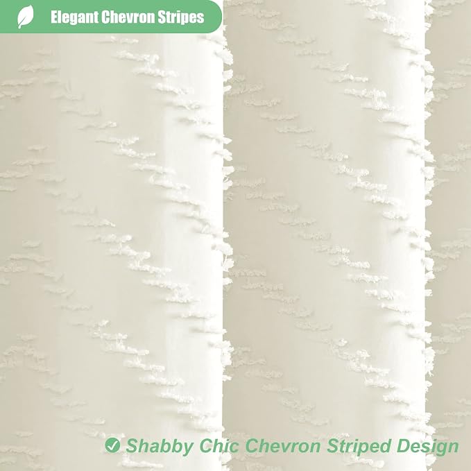 Stall Boho Farmhouse Shower Curtain Tufted Chevron 48"x72" Cream | 48 Inch Wide, Elegant Tassel, Lightweight Textured Fabric, Water Repellent, Washable, for Narrow Bathroom/Dorm 8 Hooks