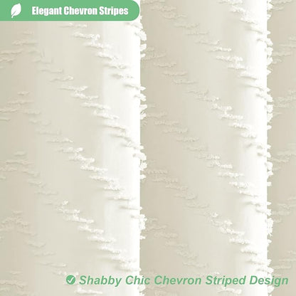 Dynamene Stall Fabric Shower Curtain, 48 Inch Wide Boho Farmhouse Tufted Chevron Striped Tassel Shower Curtain for Bathroom, Minimalist Ruffled Textured Cloth Shower Curtain Set, 8 Hook, 48x72, Cream