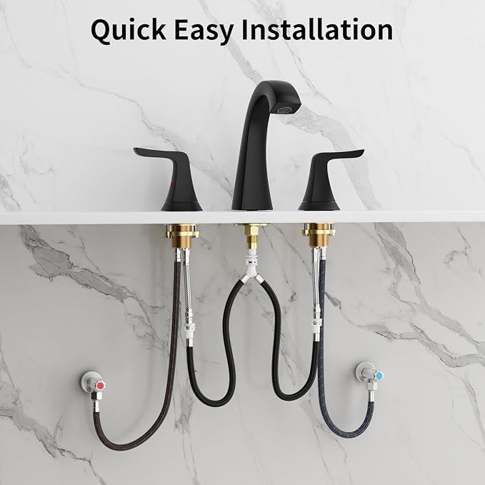 3-Hole Bathroom Sink Faucet - SR SUN RISE NSF Certified 8-inch Matte Black Faucets with Pop-up Drain Assembly, 2 Handles, 2 Water Supply Lines, Matte Black