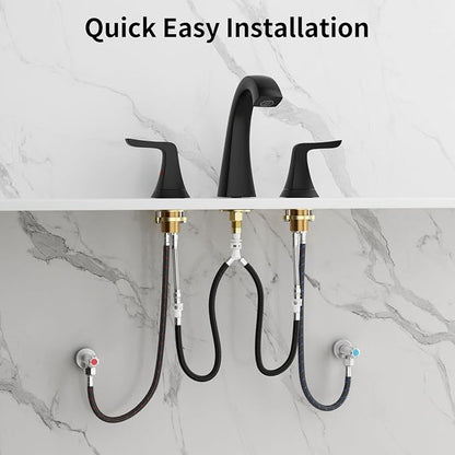 3-Hole Bathroom Sink Faucet - SR SUN RISE NSF Certified 8-inch Matte Black Faucets with Pop-up Drain Assembly, 2 Handles, 2 Water Supply Lines, Matte Black