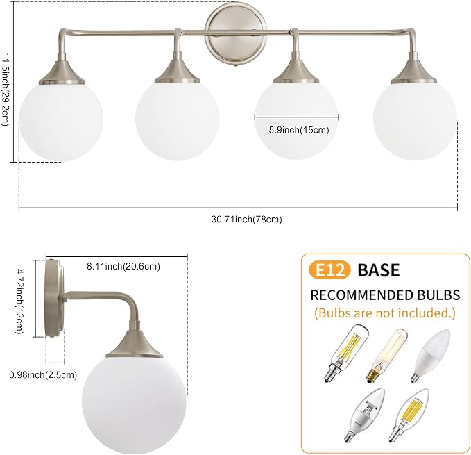 Brushed Nickel Bathroom Light Fixtures Over Mirror Vanity 4-Light | Mid Century Modern Brushed Nicke Wall Sconce with Milky White Glass Ball Shades for for Bathroom Dressing Table Bedroom
