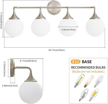 Brushed Nickel Bathroom Light Fixtures Over Mirror Vanity 4-Light | Mid Century Modern Brushed Nicke Wall Sconce with Milky White Glass Ball Shades for for Bathroom Dressing Table Bedroom