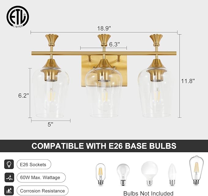 Bathroom Light Fixtures (3-Light, 19 Inch), Brushed Gold Vanity Lights for Bathroom with Clear Wine Glass Glass Shade, Modern Vanity Wall Lights for Mirror Bedroom Living Room Kitchen Hallway Porch