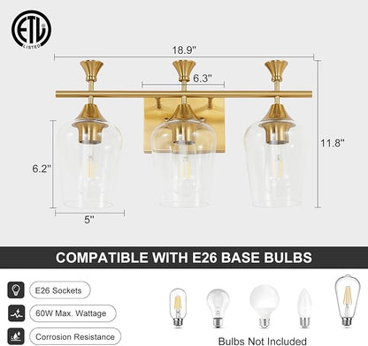 Bathroom Light Fixtures (3-Light, 19 Inch), Brushed Gold Vanity Lights for Bathroom with Clear Wine Glass Glass Shade, Modern Vanity Wall Lights for Mirror Bedroom Living Room Kitchen Hallway Porch