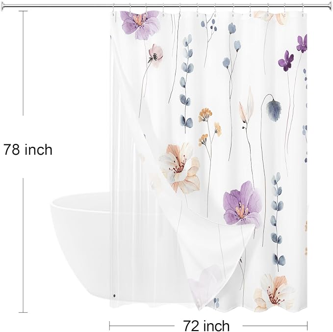 Long 3 in 1 Shower Curtain Set, Purple Watercolor Floral Bath Curtain and PEVA Liner Set with 12 Double Sided Steel Hooks, Waterproof Fabric Bathroom Curtain 72x78