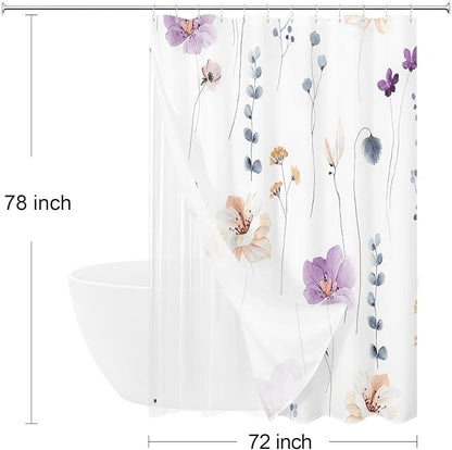 Long 3 in 1 Shower Curtain Set, Purple Watercolor Floral Bath Curtain and PEVA Liner Set with 12 Double Sided Steel Hooks, Waterproof Fabric Bathroom Curtain 72x78