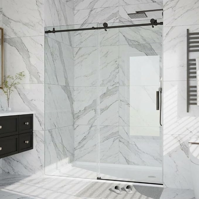 56-60" W x 76" H Frameless Sliding Shower Door, 5/16" (8mm) Coated Tempered Glass with Stainless Steel Round Rail, Easy to Clean Single Door for Walk-in Shower, Space Saving, Matte Black