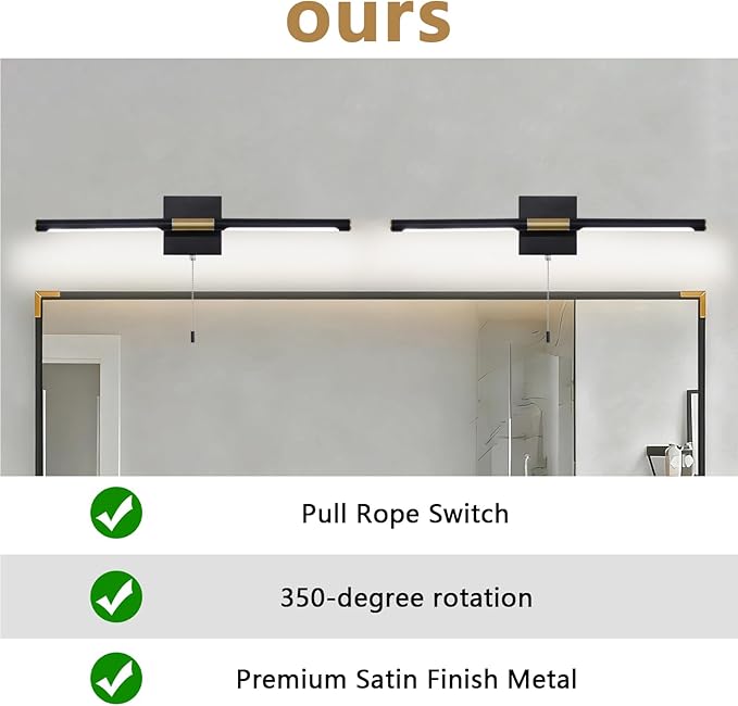 Black and Gold LED Bathroom Vanity Light Bar, 24 inch LED Vanity Light Fixtures Over Mirror, Morden Bathroom Sconces Lighting 4000K,Sconces Wall Lighting with Adjustable Lamp Tube