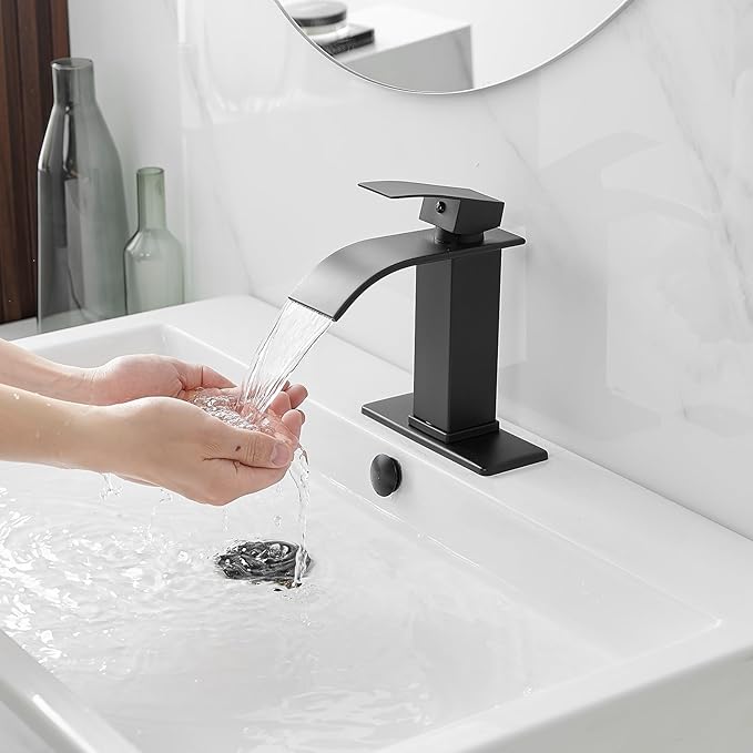 BWE Matte Black Bathroom Faucet Modern Waterfall Single Hole Faucet for Bathroom Sink Single Handle with Pop Up Drain with Overflow Assembly and Supply Line Lavatory Bath Faucet