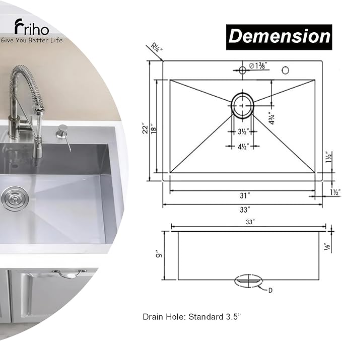 Friho 33x22 Inch Drop In Kitchen Sink, Top Mount Silver SUS304 Stainless Steel Single Bowl, 18 Gauge Handmade Sink with Basket Strainer