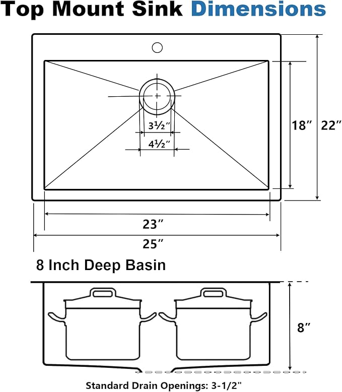 25x22 Inch Black Drop In Kitchen Sink, Top Mount 16 Gauge 304 Stainless Steel 8 Inch Deep Laundry Utility Sink, Gunmetal Black Single Bowl Topmount Overmount Sink