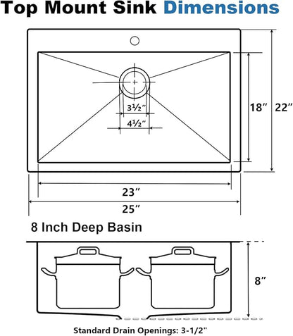 25x22 Inch Black Drop In Kitchen Sink, Top Mount 16 Gauge 304 Stainless Steel 8 Inch Deep Laundry Utility Sink, Gunmetal Black Single Bowl Topmount Overmount Sink