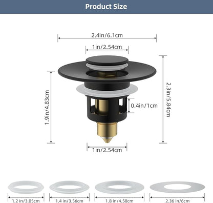 Hibbent 2 Pack All Metal Universal Bathroom Sink Stopper for 1.1''~2.3'' Basin, Pop Up Sink Drain Strainer, Brass Bullet Core Push Type Stopper, Stainless Steel Anti Clogging Drain Filter, Matte Black