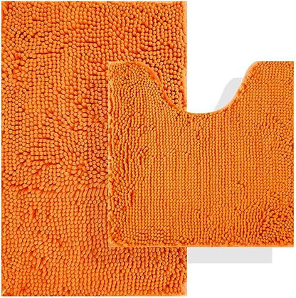 BOANKODU Bathroom Rugs Sets 2 Piece, Absorbent Bath Mat for Bathroom Soft Chenille Non-Slip, 32x20 + 20x20 Inch U Shape Bathroom Mat, Machine Washable Bath Rugs (Orange)