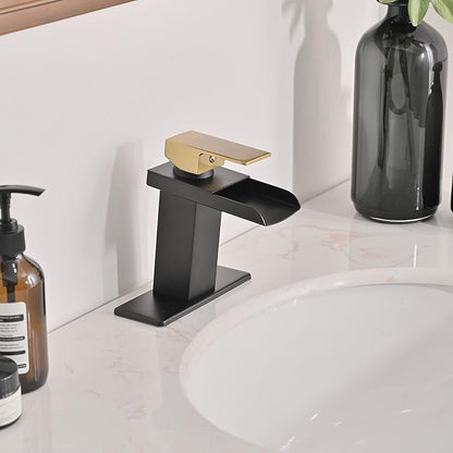 BWE Waterfall Bathroom Faucet Black and Gold Single Handle Commercial Bathroom Sink Faucet with Pop Up Drain Assembly and 6" Deck Plate Fit Sink 1 or 3 Hole rv Vanity Lavatory Mixer Tap