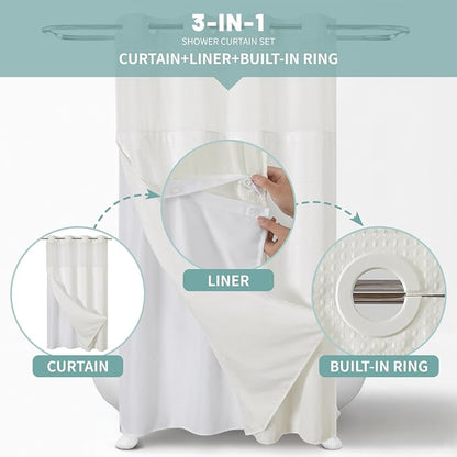 eachope No Hook Waffle Shower Curtain with Snap-in Liner, 54x80 Inch, Cream | 230GSM waffle weave fabric, waterproof liner set with 2 bottom magnets, mesh window, washable, for shower stalls or bathrooms