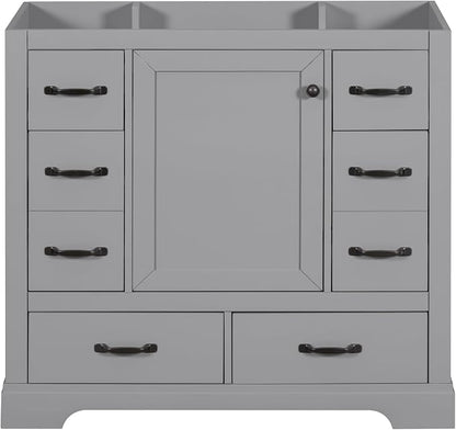 36" Bathroom Vanity Without Top Sink,6-Drawer Freestanding Cabinet Base with Multi-Functional Divider & Adjustable Shelf,Solid Wood MDF Vanity Only, Water Resistant,Grey