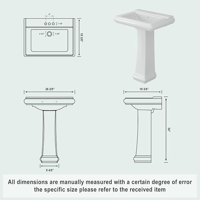 Bathroom Pedestal Sinks,Rectangular Pedestal Sink 26" W X 20" D Modern White Ceramic Bathroom Sink With Overflow and 3 Pre-Drilled Holes - Fits 4-Inch Faucets