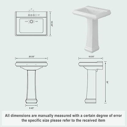 Bathroom Pedestal Sinks,Rectangular Pedestal Sink 26" W X 20" D Modern White Ceramic Bathroom Sink With Overflow and 3 Pre-Drilled Holes - Fits 4-Inch Faucets