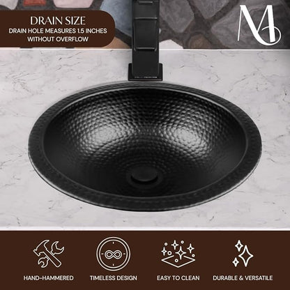 Monarch Abode Bathroom Sink – 16-Inch Rotunda Dual Mount Undermount or Drop In Bathroom Sinks, Bathrooms Hand Hammered Matte Black Aluminum Vanity Sink for Countertop, Powder Room, Bath, or Restroom
