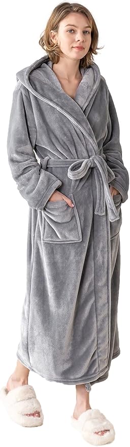 Robes for Women - Hooded Plush Fleece Bathrobe with Sash & Pockets, Full-Length Lightweight Spa Robe