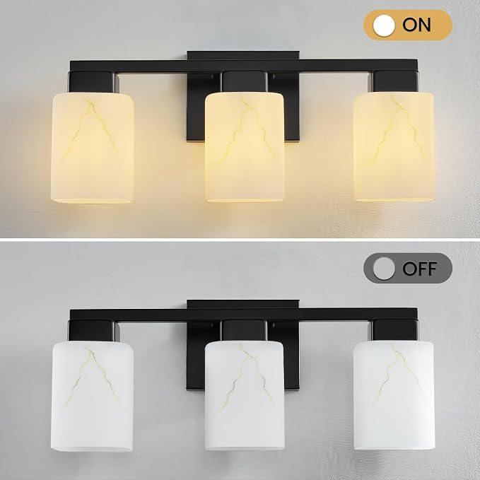3-Light Square Bathroom Light Fixture, Matte Black Modern Vanity Light with White Marble Glass Shade, for Bathroom Mirror, Living Room, Bedroom, Hallway, E26 Base